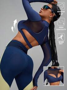 Innovista Women Blue Skinny Fit Backless Push Up & Breathable Mesh Cut Out Sports Long Sleeve T-Shirt,Basic T Shirt ,Workout Tops Crop Tops ,Party,Gym & Daily Casual,Festival,Going Out,Gym Clothes,Sexy Long Sleeve Top Fall Outfits For Women Cool Light Blue - Black - View 2