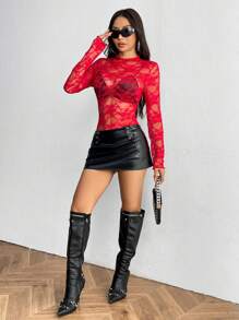 EgrlEra Women's Semi-Sheer Lace Long Sleeve Top For New Year Clothes Fall Cloth For Women