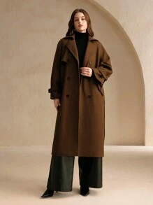 Anewsta Plus Size Women's Elegant Long Coat, Modern Brown Winter Overcoat Fall Autumn