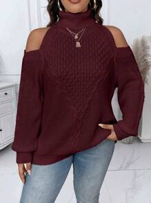 Calvaya Plus Size Casual Solid Color Turtleneck Cold Shoulder Sweater, Autumn/Winter