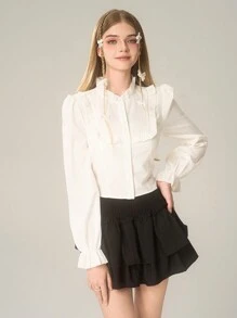 SHEIN Explorewe 青少年女孩休闲荷叶边领扣式泡泡袖衬衫，优雅时尚，非常适合秋春冬季日常穿着和上学