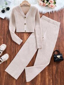 SHEIN Tween Girls Light Khaki Casual Comfortable Knitted Ribbed Button-Up Cardigan & Wide Leg Pants Set, Soft Light Khaki,In Fall/Winter - Khaki - View 1