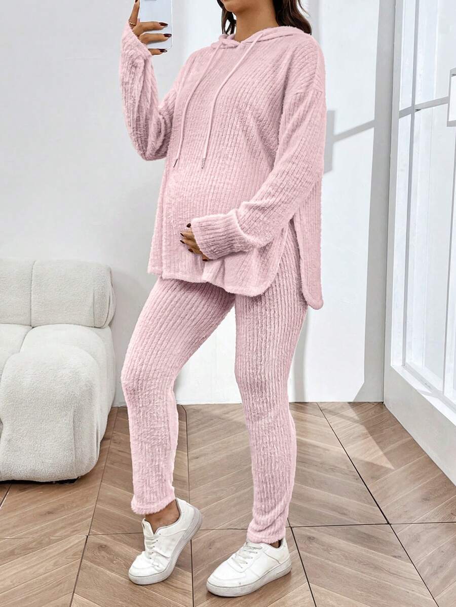 SHEIN 2-częściowy zestaw dresowy dla kobiet w ciąży: bluza z kapturem i regulowane legginsy w pasie, różowy, jesienny - Słodki róż - Zobacz 1