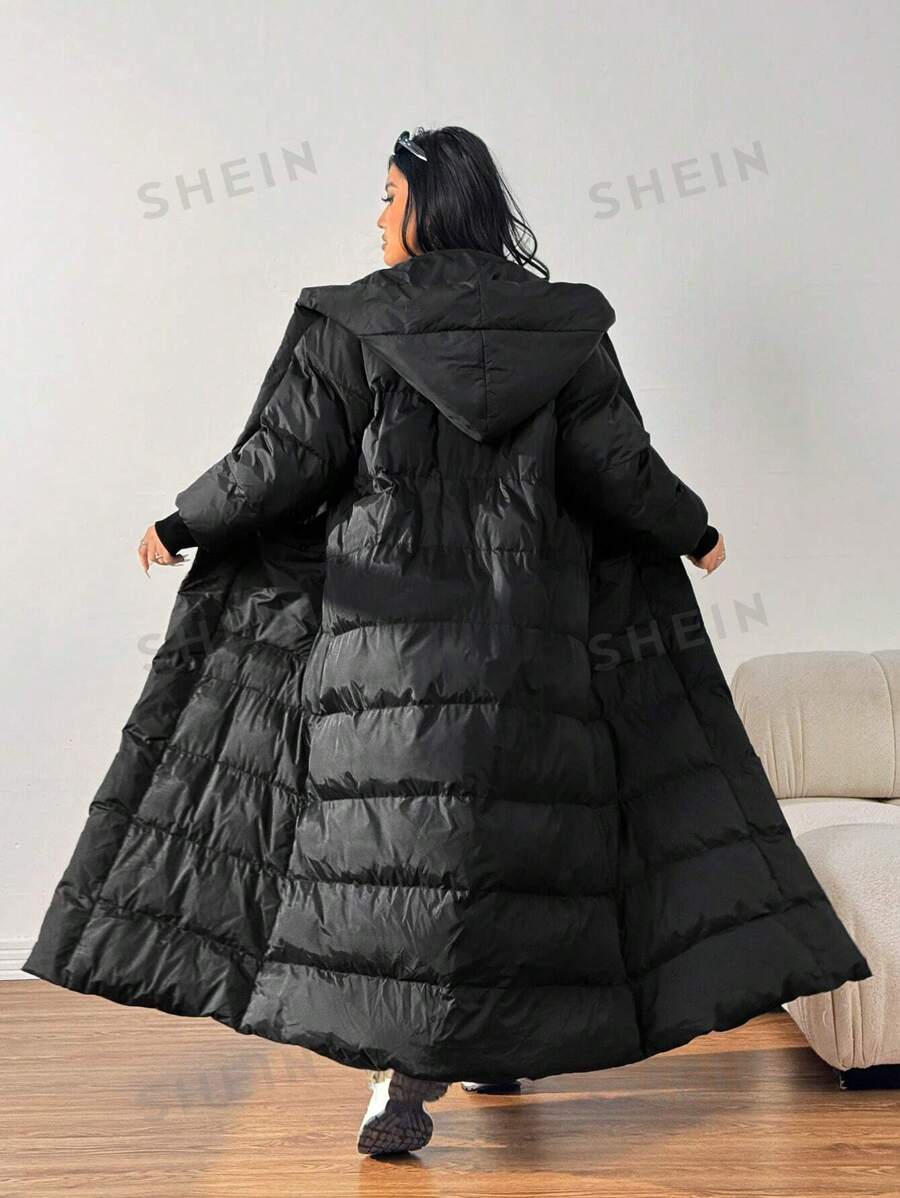 SHEIN EZwear Abrigo acolchado con capucha, cintura con cordón, unicolor, casual, talla grande, para invierno