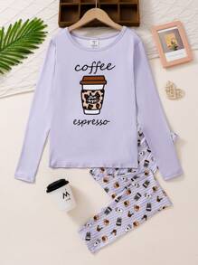 Teen Girl Snug Fit Drink Print Long Sleeve Top And Pants 2Pcs Pajama Set, Snug Fit And Comfy Sleepwear - Multicolor - View 1