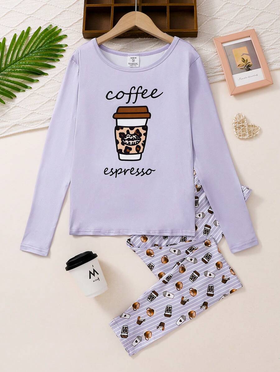 Teen Girl Snug Fit Drink Print Long Sleeve Top And Pants 2Pcs Pajama Set, Snug Fit And Comfy Sleepwear - Multicolor - View 1