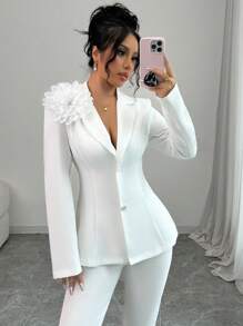 Elenzga Women's Solid Color Lapel Collar Long Sleeve Big Floral Elegant Cinched Waist Blazer - White - View 5