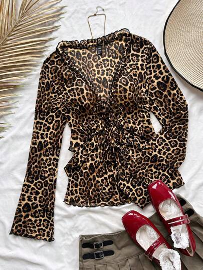 Soleia 1pc Women's Holiday Cardigan With Ribbon Tie Long Sleeve Knit Mesh Leopard Printed Fashionable Top, Autumn/Winter