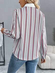 SHEIN Clasi Women's Front Button Long Sleeve Striped Collared Blouse, Minimalist Casual Top For Daily Wear Women Shirt
