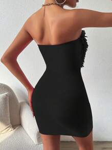SHEIN LUNE 1 件女式纯色抹胸紧身连衣裙，简约简约风格，适合日常休闲穿着 - 黑色 - 查看 2
