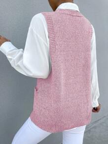 Chiquease 女式纯色 V 领双口袋休闲针织背心，秋冬 - 淺粉色 - 查看 2
