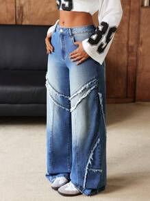 SHEIN EZwear 女士口袋拼布流苏宽腿宽松休闲牛仔裤 - 藍色 - 查看 3