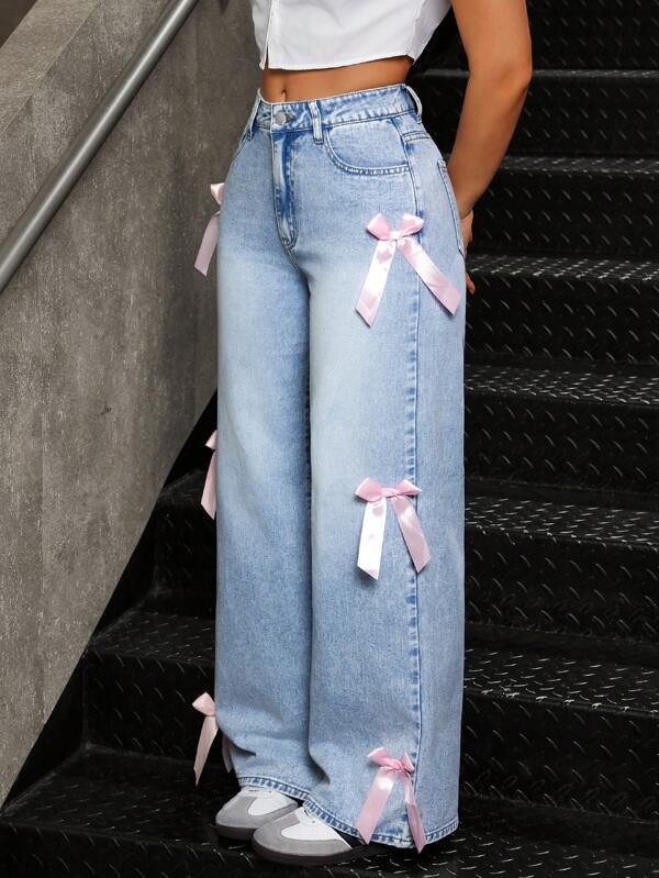 Women's Casual Washed Butterfly Decor Loose Straight Leg Jeans