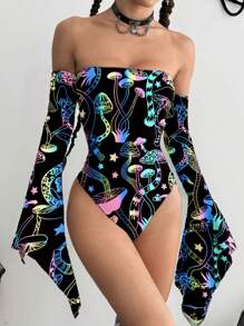 Flirla Body con mangas abullonadas y hombros descubiertos con efecto reflectante iridiscente para mujer