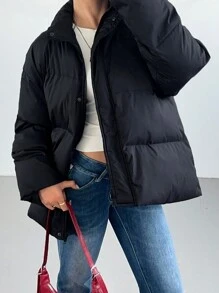 Aloruh Áo khoác chần bông rộng màu đen trơn cho nữ, Thu/Đông - màu đen - Xem 6