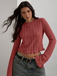 COSMINA 女士纯色圆领长袖荷叶边休闲T恤，秋季款 - 酒紅色 - 查看 1