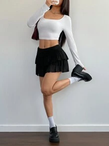 SHEIN Unity Women Casual Solid Color Ruffled Hem A-Line Skirt Mini Short Women - Black - View 6