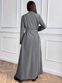 Almamuse Áo khoác dài tay rộng rãi đơn giản, thời trang, hai hàng khuy, thắt lưng, màu xám trơn dành cho nữ, mùa xuân thu đông - Xám - Xem 2