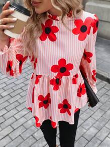 SHEIN LUNE 2024 Autumn New Floral Print Pink Cute Ladies Shirt Blouse