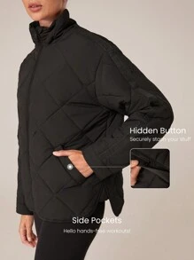 GLOWMODE 轻盈保暖哑光绗缝高领宽松弧形开衩下摆夹克，带按扣侧袋，日常休闲冬季 - 黑色 - 查看 5