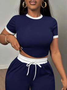 SHEIN SXY 女士撞色圆领短袖短款 T 恤和抽绳腰裤 2 件休闲套装