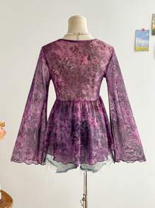 Soleia 节日季女式复古印花V领系带蝴蝶结喇叭袖不对称下摆上衣，秋冬女装，感恩节女装，圣诞节女装 - 紫色 - 查看 2