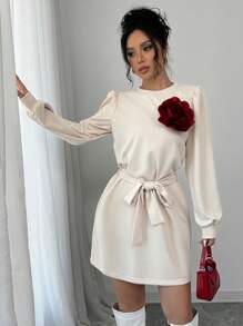 SHEIN Unity Women Cinched Waist Oversized Floral Decor Round Neck Long Sleeve Casual Sweatshirt Dress Pullover Fall Outfit - Apricot - View 4