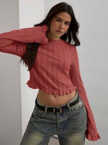 COSMINA 女士纯色圆领长袖荷叶边休闲T恤，秋季款 - 酒紅色 - 查看 9