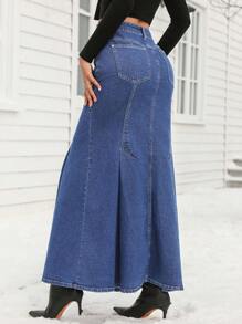 SHEIN Essnce Women's Fashion Distressed Wash Maxi Denim Fish Tail Skirt - Dark Wash - View 3