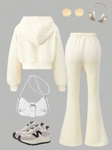 SHEIN 2pcs Girls Textured Hoodie Jacket + Flare Slit Pants Set - Apricot - View 2