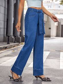 SHEIN Essnce 女士休闲洗水系腰直筒牛仔裤 - 藍色 - 查看 6