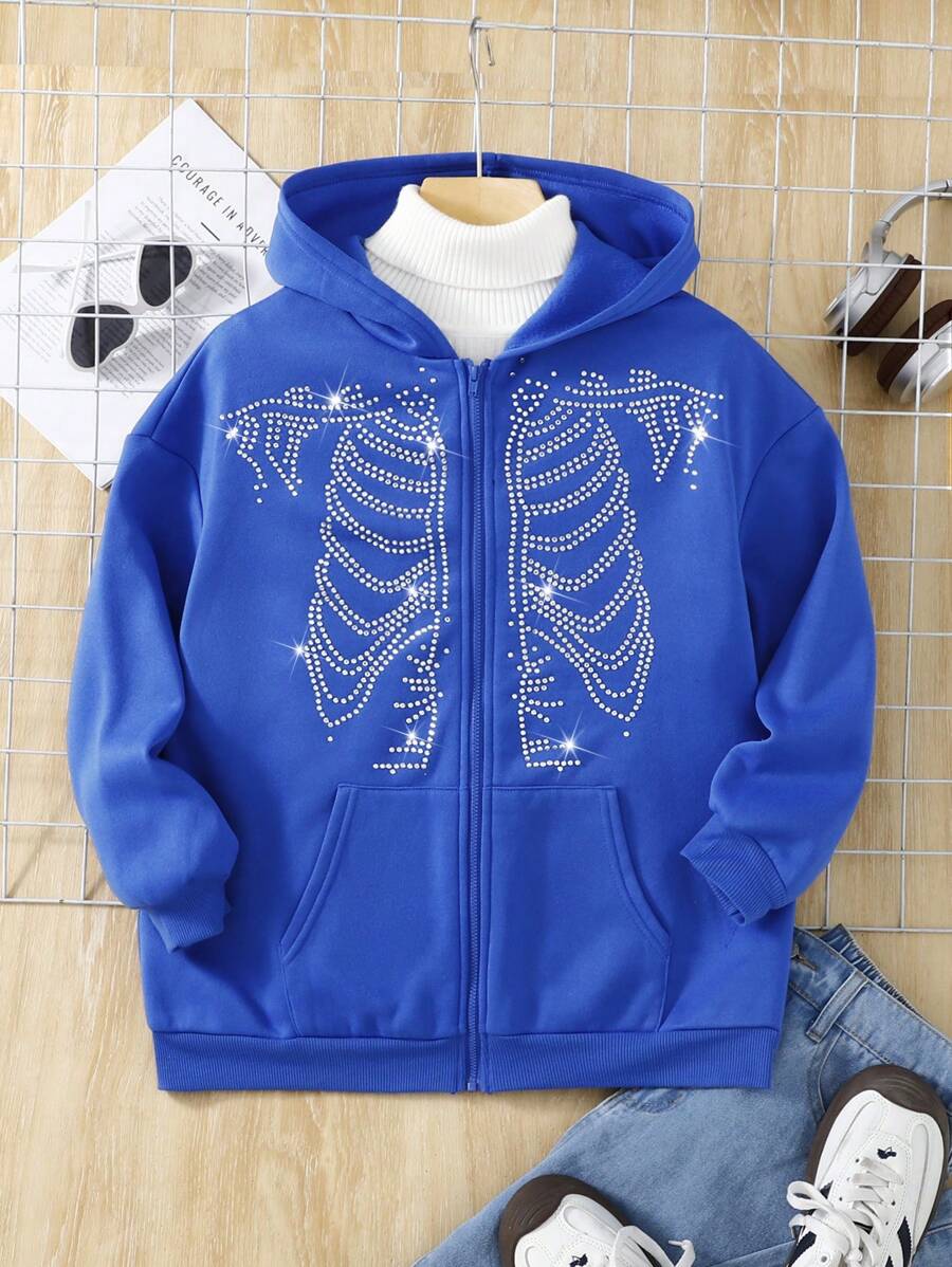 Tween Girls Fashion Skull And Rhinestone Graphic Loose Fit Casual Pullover Hoodie Sweatshirt - Royal Blue - View 1