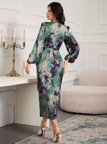 Modelyn 女士扎染印花V领灯笼袖优雅连衣裙长款晚礼服