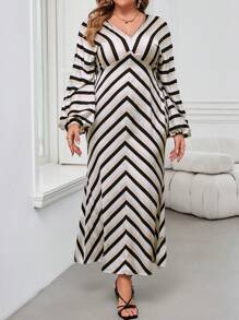 SHEIN Clasi Herbst/Winter schwarz & rosa gestreiftes Kleid mit Trompetenärmeln und Taille, elegant und schick, in Große Größen