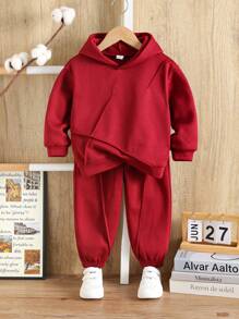 2 件年轻男孩红色基本款百搭休闲连帽两件套运动衫和裤子基本款百搭适合秋冬季节，适合旅行，适合上学，适合日常聚会，适合秋冬季节，送给孩子的圣诞礼物 - 酒紅色 - 查看 6