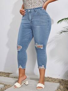 EMERY ROSE 大尺碼女性休閒破洞牛仔腰間七分褲 - 藍色 - 查看 3