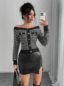 Chiquease Nuevas llegadas Otoño/Invierno Suéter de mujer de manga larga, ajustado, sexy, con diseño a la moda de cuadros y hombros descubiertos