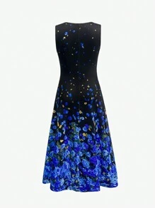 SHEIN Clasi 2 件套休闲日常装，纯色开衫和花卉印花 V 领连衣裙 - 藍色 - 查看 5