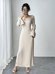 Siren Gaze 纯色缎面束腰长裙，时尚简约圆领，缎面喇叭袖，系带修身晚礼服，性感连衣裙，女士长裙，杏色优雅节日连衣裙，感恩节连衣裙，节日派对女士连衣裙，新年夜连衣裙 - 白色 - 查看 6