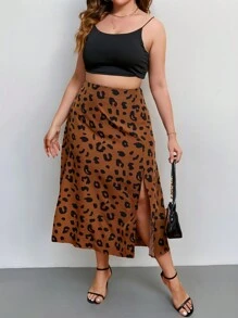 SHEIN Privé Plus Allover Print Split Thigh Skirt - Multicolor - View 1