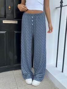 Aloruh Women's Fashionable Ditsy Floral Print Button Decor Loose Wide Leg Pants