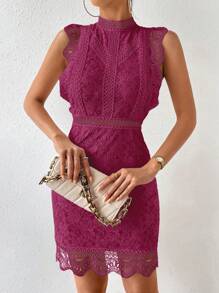 SHEIN Clasi 1pc Solid Color Stand Collar Lace Patchwork Fitted Sleeveless Dress