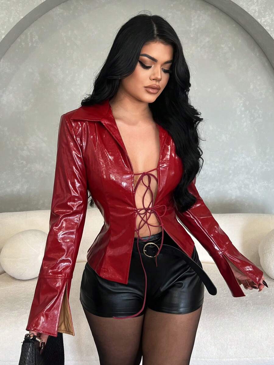SHEIN SXY Collar Front Tie String Cuff Split Faux Leather Jacket,Red Leather Jacket,Burgundy Jacket,Thanksgiving, Christmas, Autumn/Winter,New Year Eve