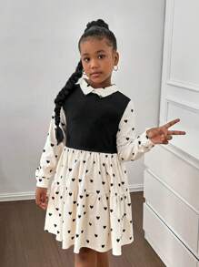 SHEIN Leap Crew Tween Girls Casual Comfy Mock-Neck Patchwork Long Sleeve 2 In 1 Dress - Apricot - View 6