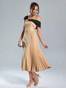 SHEIN Belle Vestido de fiesta elegante de mujer con bloque de colores, cuello asimétrico, cintura fruncida, para verano, semi formal, para fiesta de graduación, boda, invitados