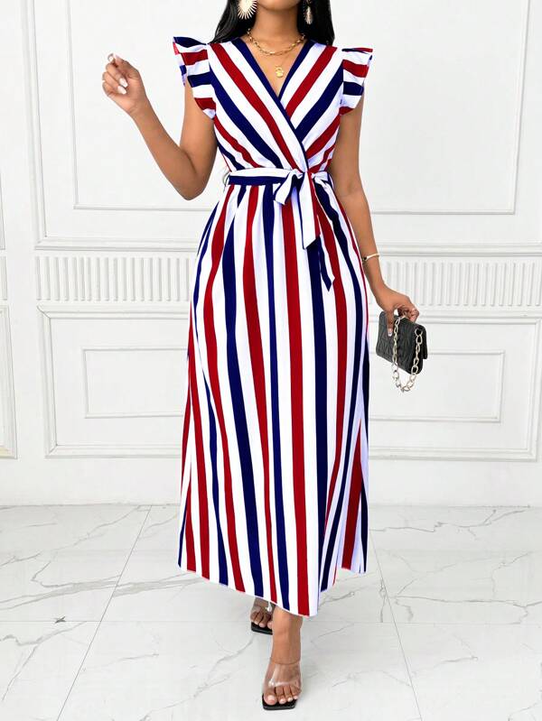 Lyxana Women's V-Neck Waist Gathered Swing Dress, Butterfly Sleeve Sash Tie, Black & White Vertical Striped Dress Maxi Women Outfit
