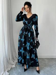 Chiquease Vestido midi con cuello en V, cintura ceñida, volantes en el bajo y estampado de mariposas - Elegante y vintage. Vestido maxi favorecedor para mujer, ropa de otoño
