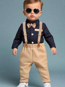 SHEIN Conjunto de 2 piezas para niño bebé con camisa de manga larga con lunares y moño, y pantalones de tirantes estilo caballero, adecuado para ocasiones casuales, formales, fiestas de cumpleaños, Halloween y Navidad