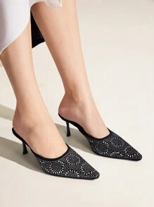 CUCCOO TILAWA 黑色绒面革水钻尖头高跟穆勒鞋，优雅适合日常商务、节日、派对、约会装 - 黑色 - 查看 3