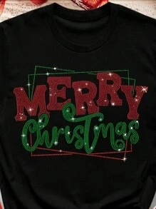 Calvaya Áo thun nữ cỡ lớn in chữ Giáng sinh, cổ tròn, tay ngắn, kiểu dáng thường ngày, đa năng. - màu đen - Xem 4